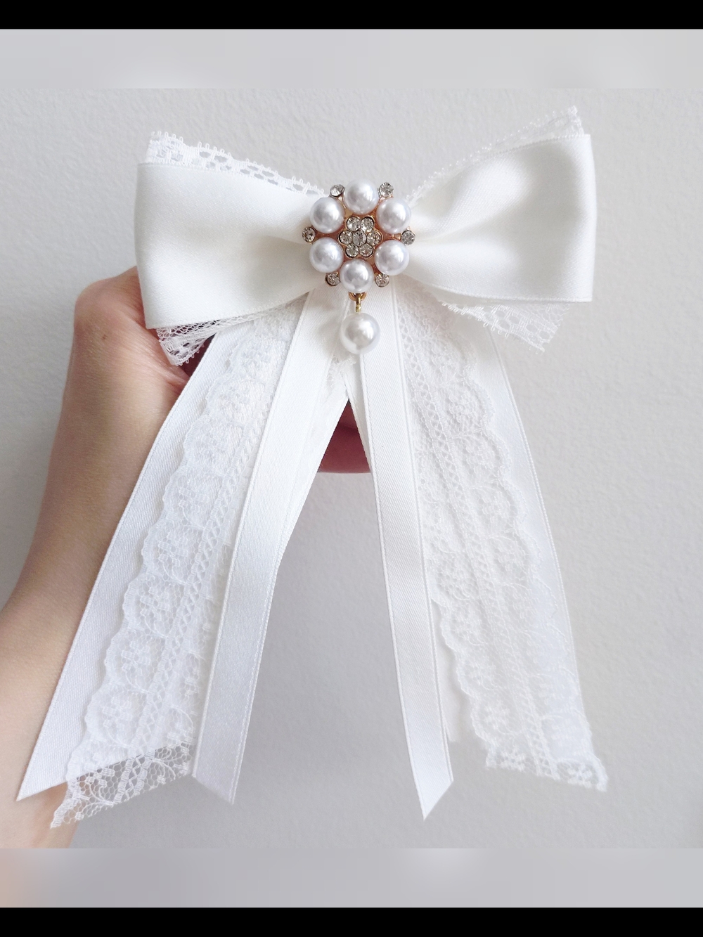White Lace Bow Pin with Pearl Accents